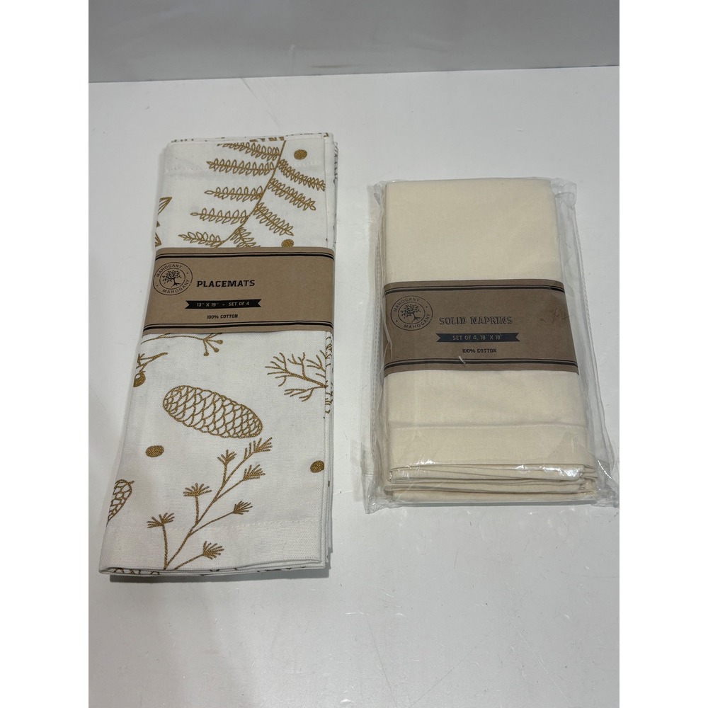 Mahogany 4 Placemats 4 Napkins Set 8pc White Gold Pinecone Cotton Holiday Decor